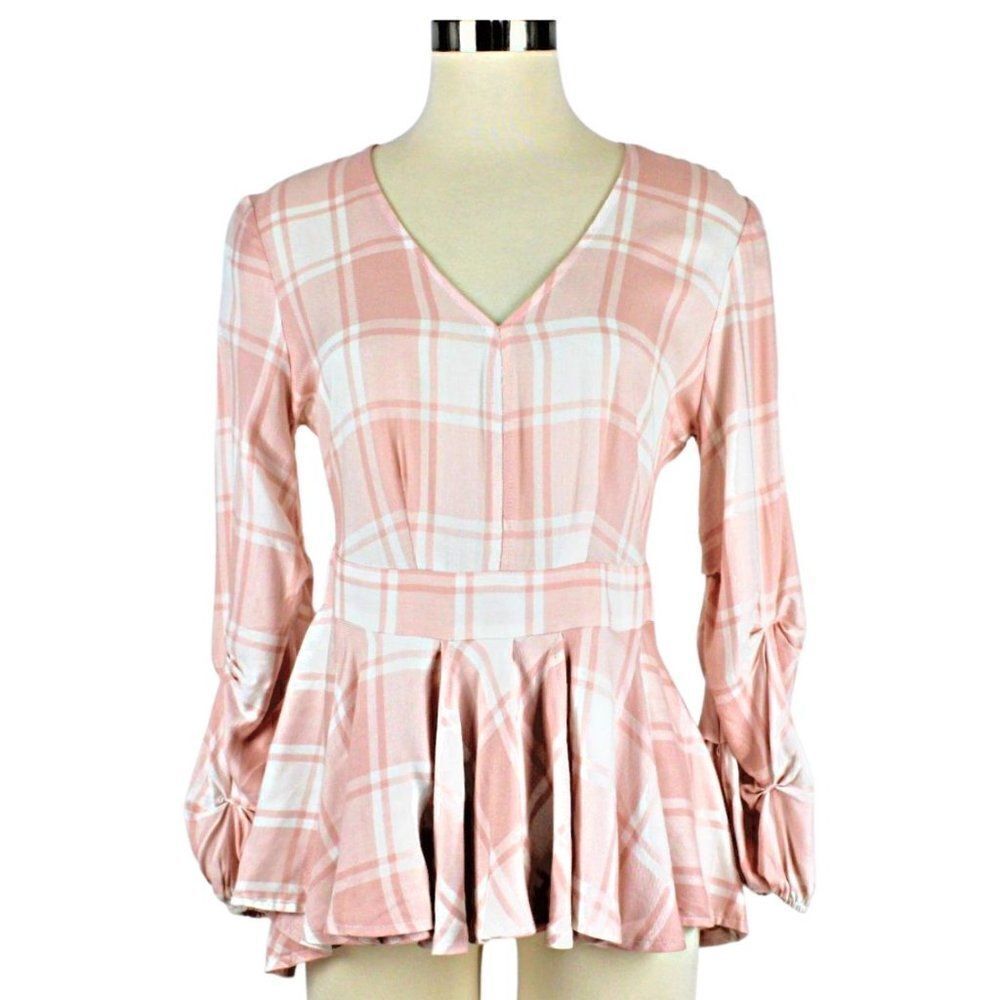 Top Pink Ruffle Buffalo Check Hi-Low Hem Peplum Waist Back Zip XS SOHO NY & CO